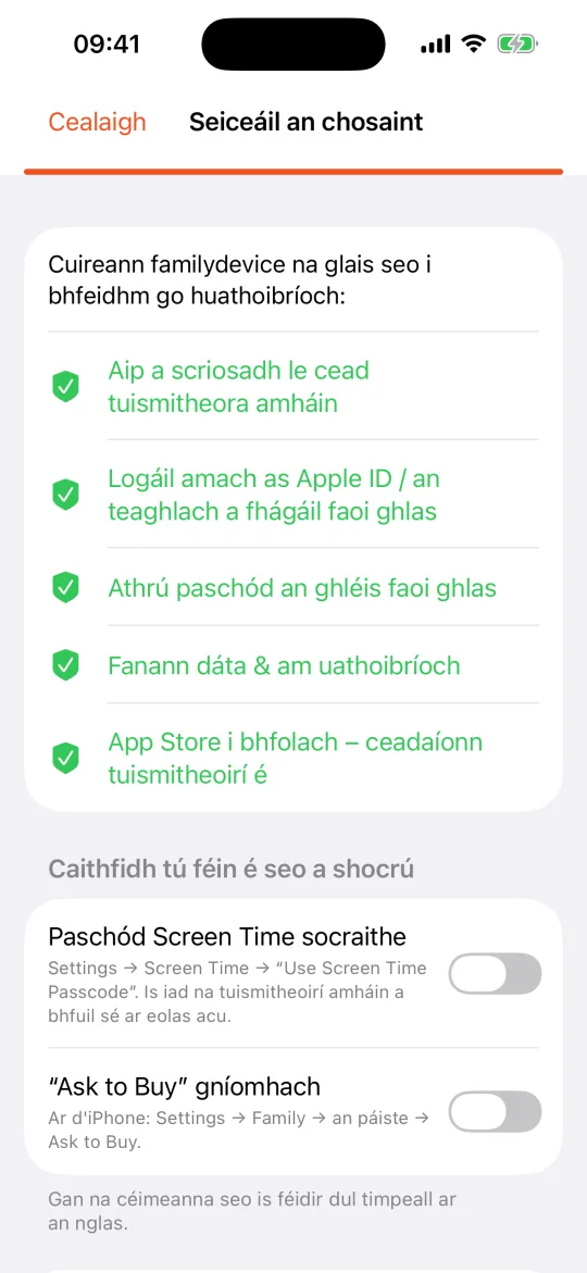 iPhone an pháiste: seiceáil an chosaint