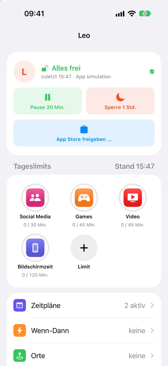 Eltern-iPhone: Leo mit Tageslimits und Zeitplänen
